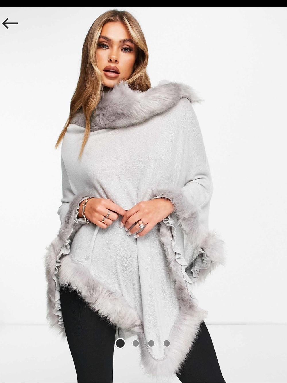 Light Gray Faux Fur Trim Poncho - Women